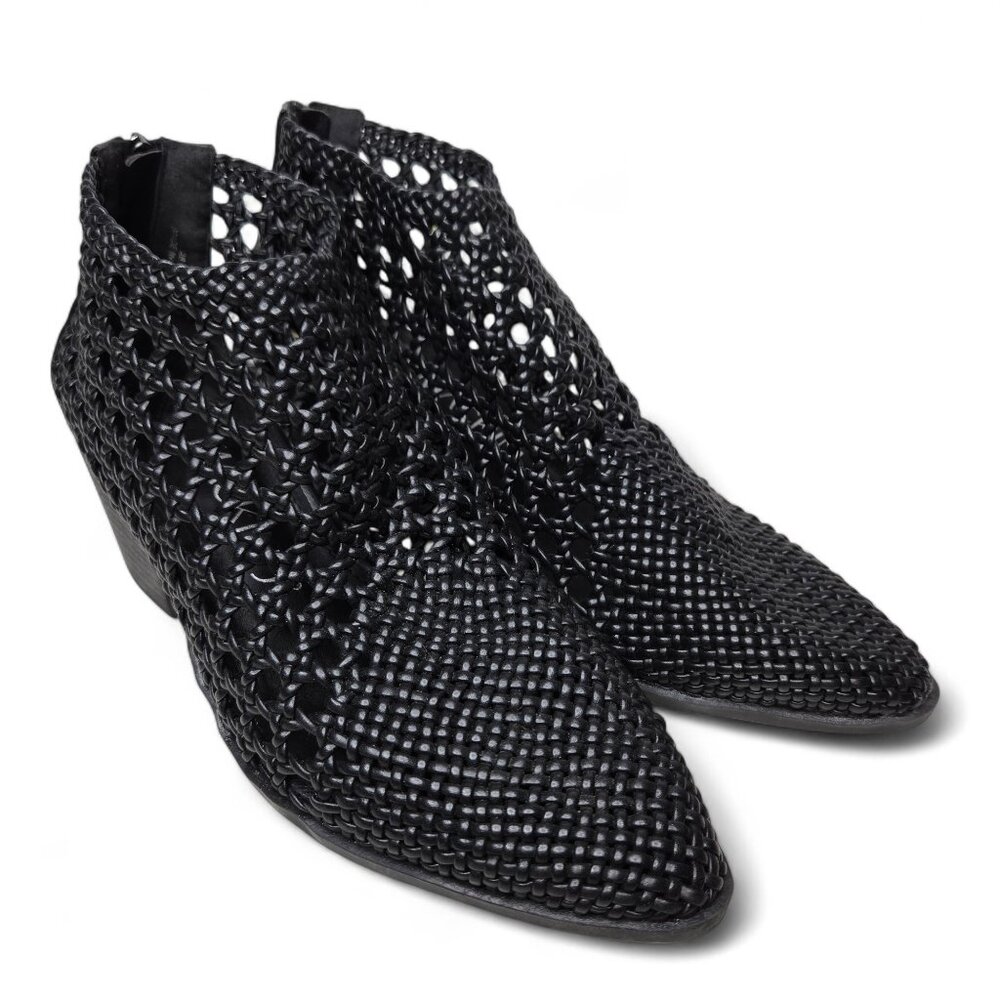 Mackin J Black Rattan Pattern Booties Women's Chunky Block Heel Pointy Woven 11